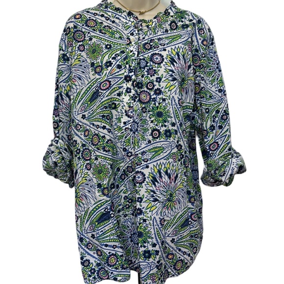 Talbots Tops - Talbots Blue/White Floral Popover with Ruffle Neck